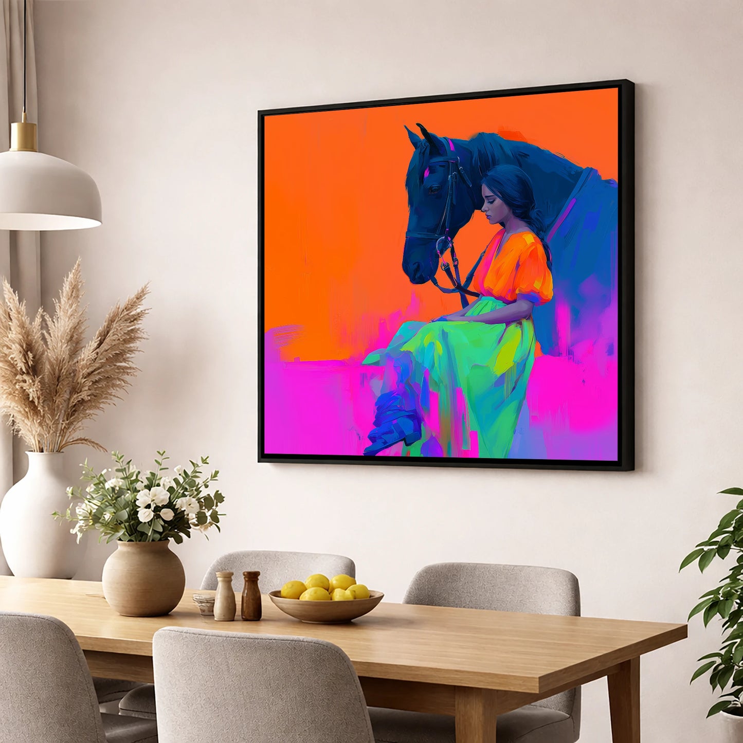 Vivid Connection horse & rider wall art displayed in a dining room