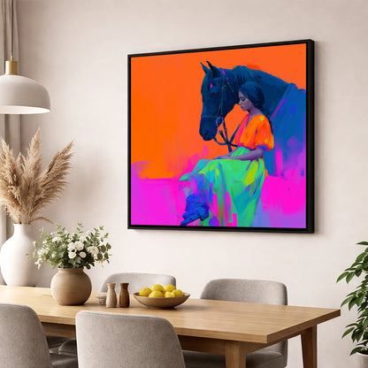 Vivid Connection horse & rider wall art displayed in a dining room