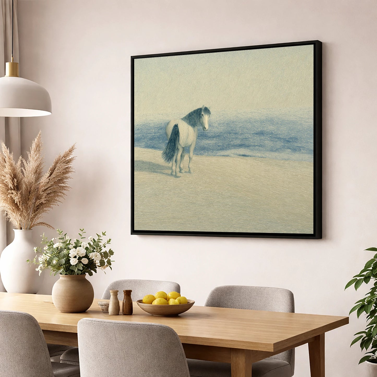 The Shoreline Gaze horse landscape wall art displayed in a dining room