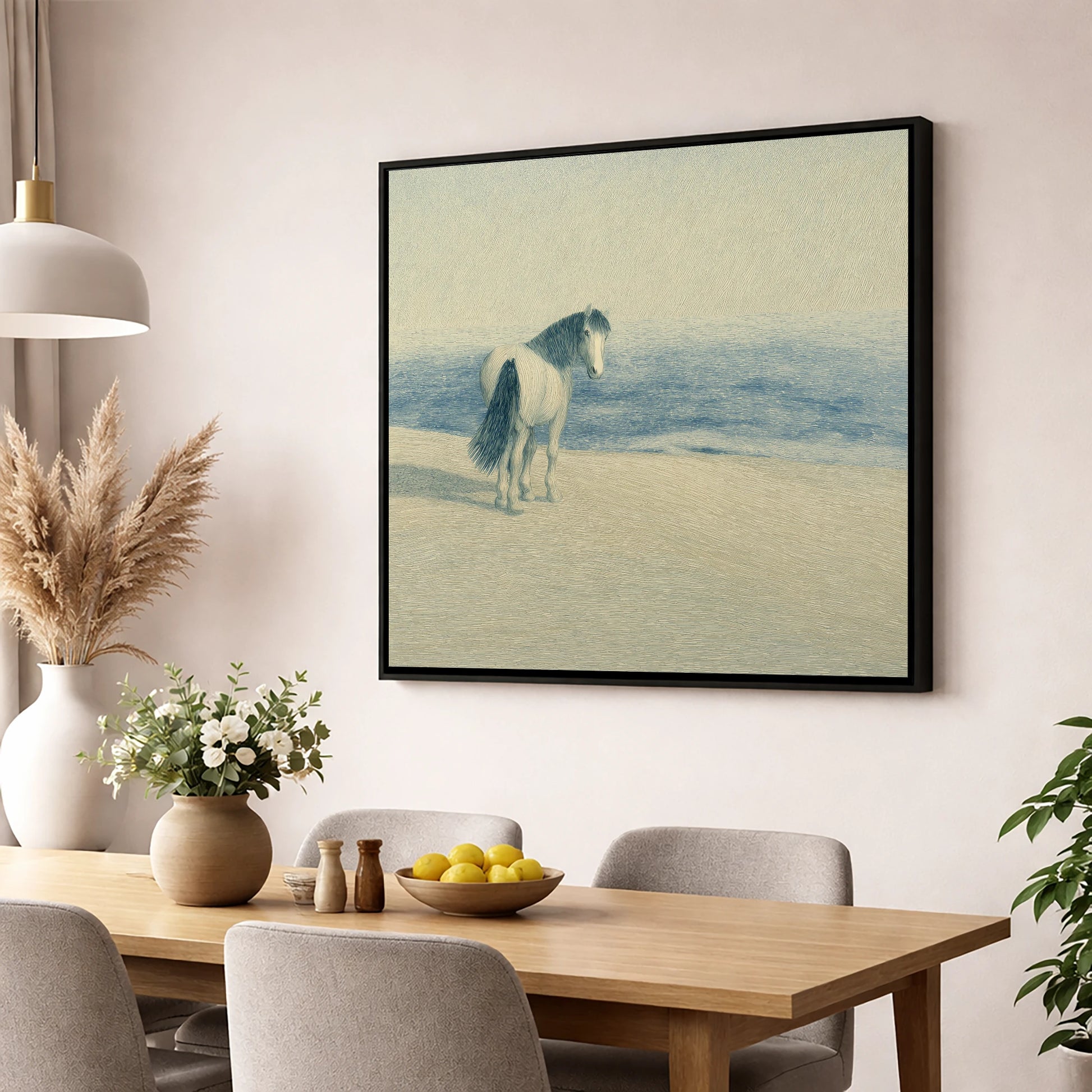 The Shoreline Gaze horse landscape wall art displayed in a dining room