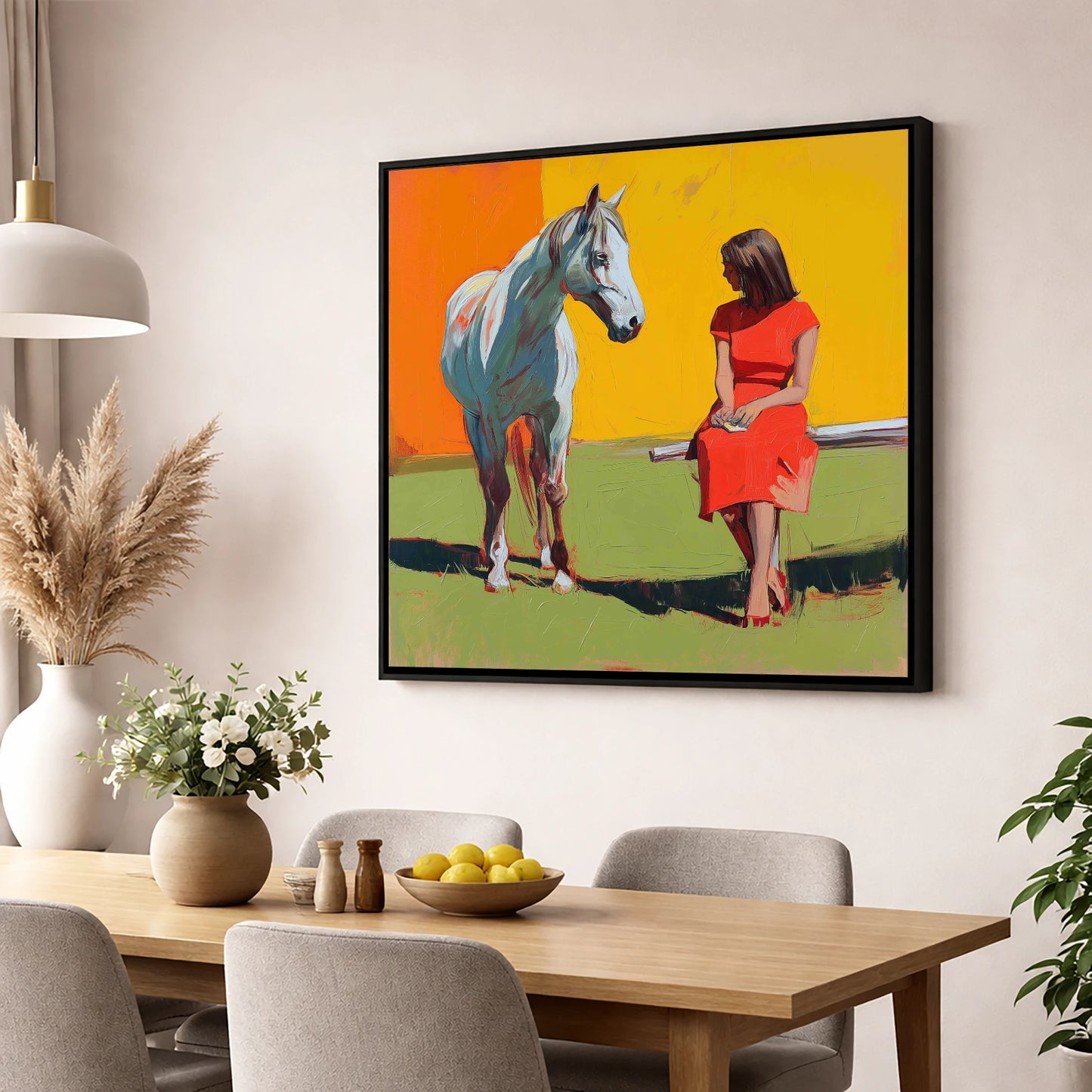 Vibrant Connection horse & rider wall art displayed in a dining room