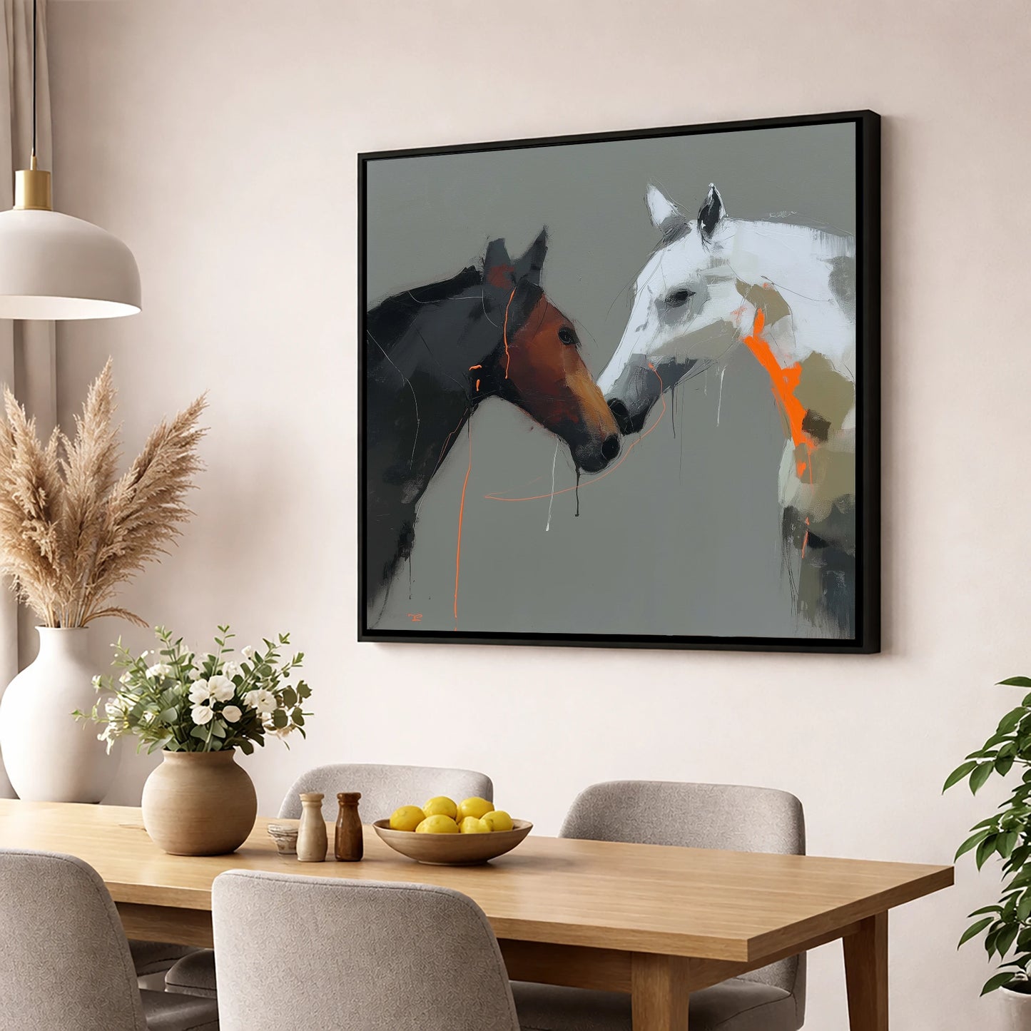 Bold Connection horse portrait wall art displayed in a dining room