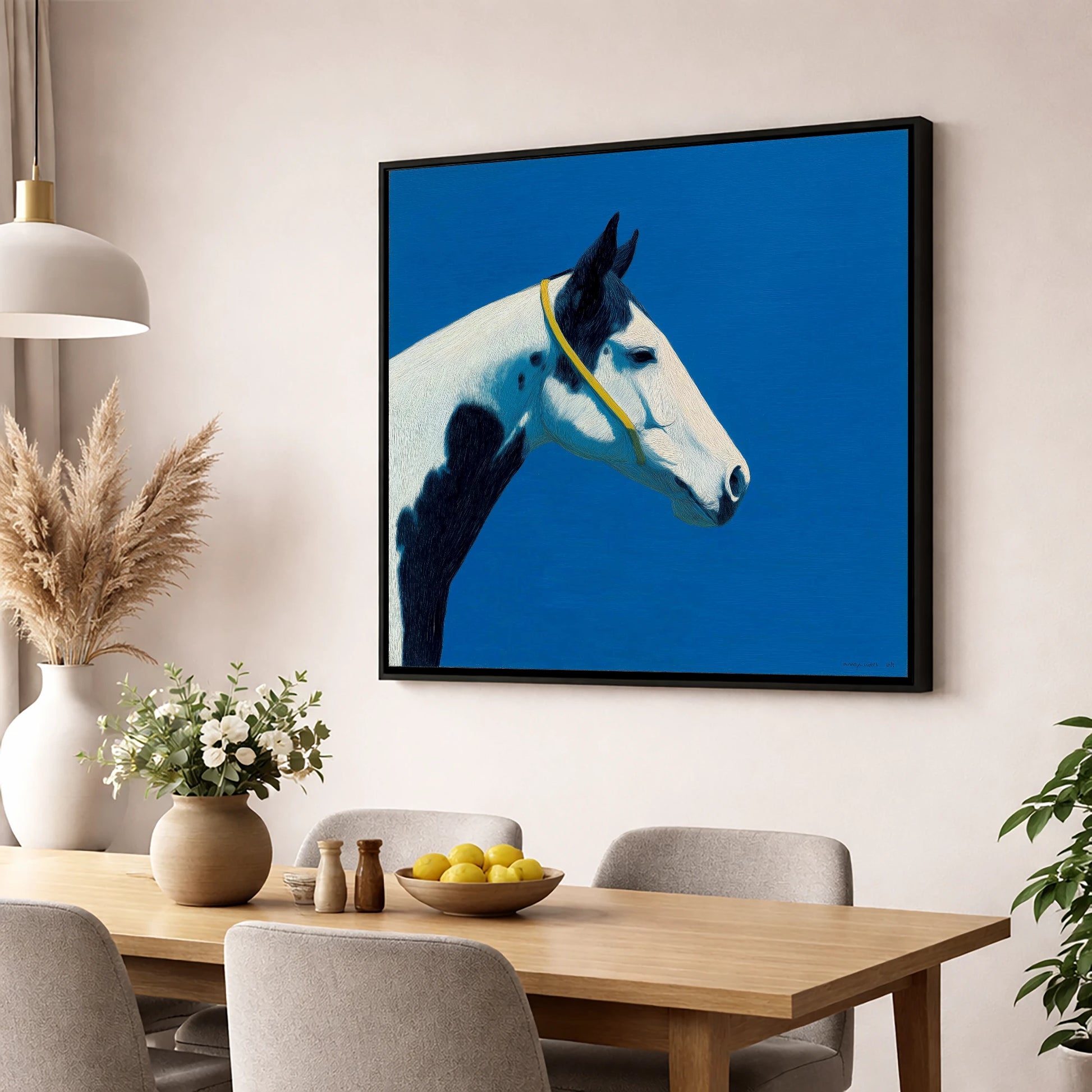 Azure Piebald Profile horse breed wall art displayed in a dining room