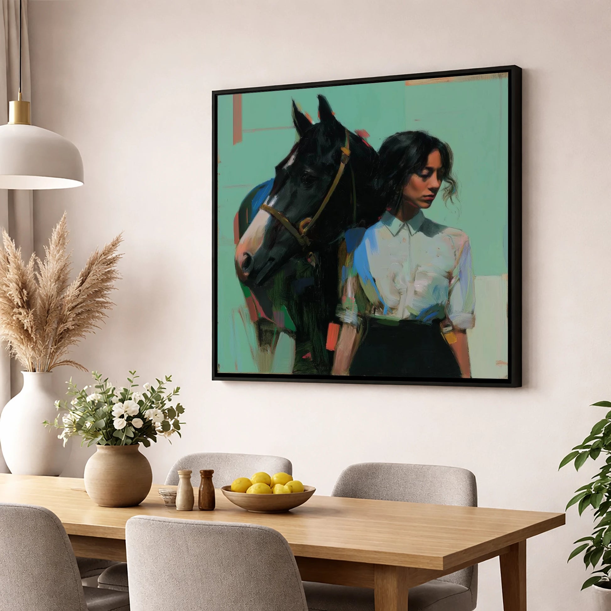 The Shared Silence horse & rider wall art displayed in a dining room