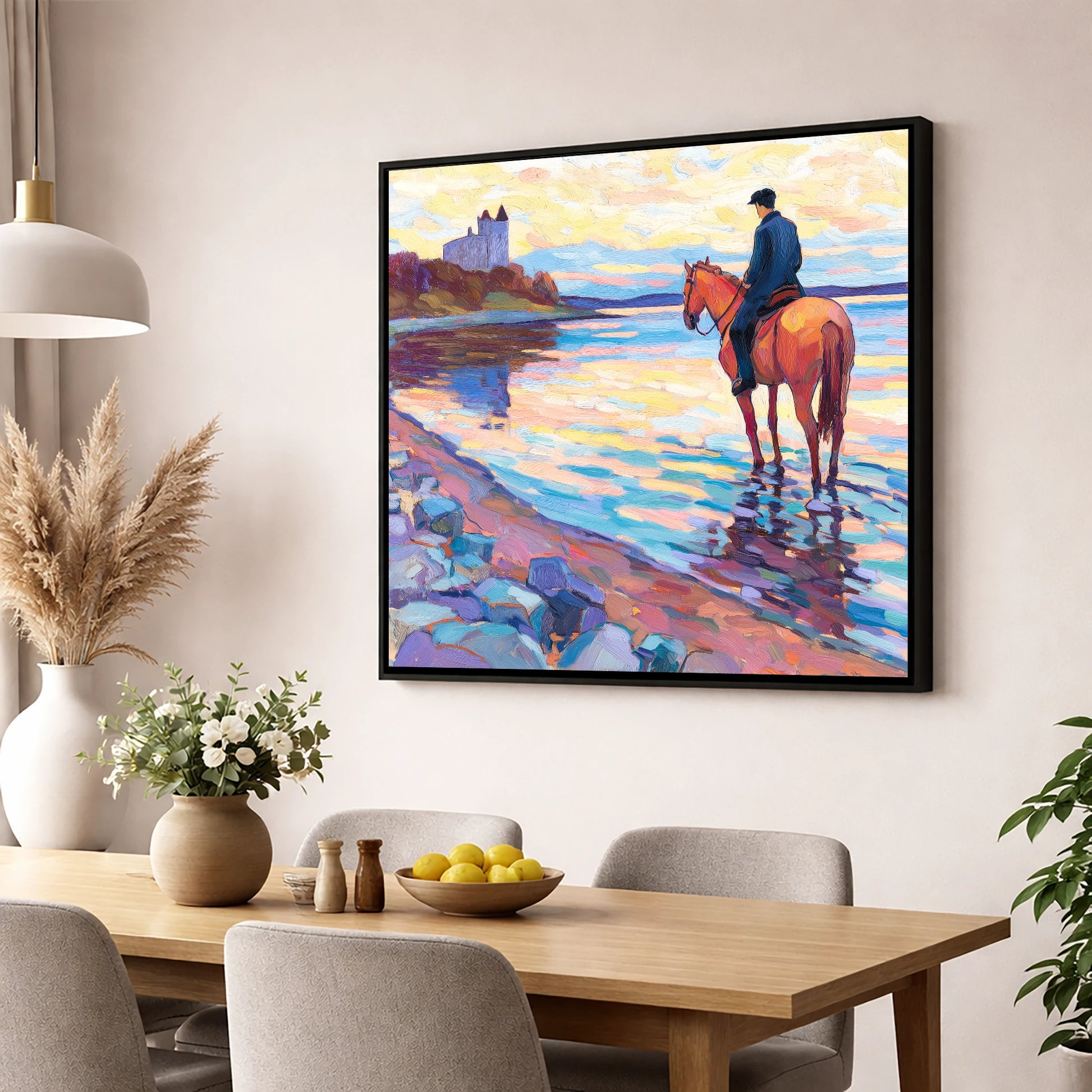 Rider at Castle Bay beach horse wall art displayed in a dining room