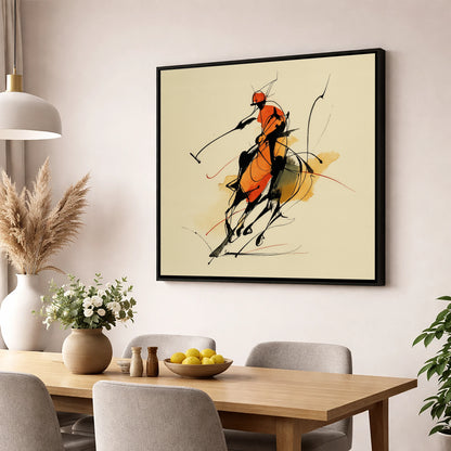 The Decisive Strike polo horse wall art displayed in a dining room