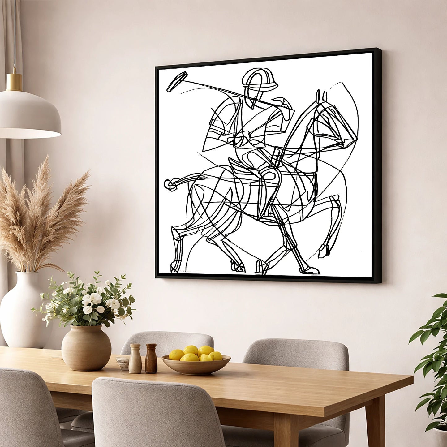 Linear Polo Strike polo horse wall art displayed in a dining room