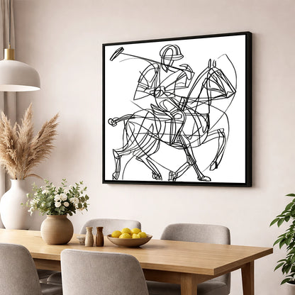 Linear Polo Strike polo horse wall art displayed in a dining room