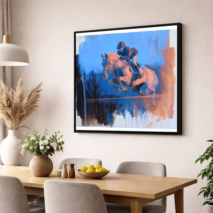 Suspended Over Cobalt show jumping horse wall art displayed in a dining room