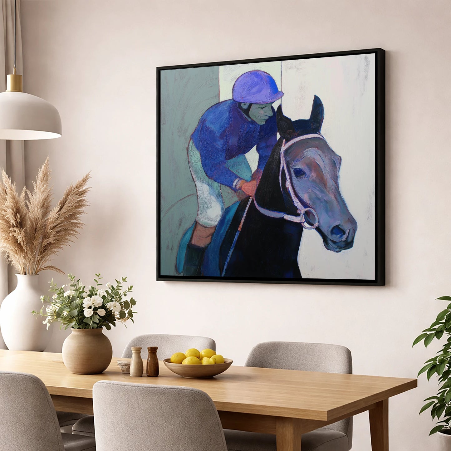 Moment of Focus racing horse wall art displayed in a dining room