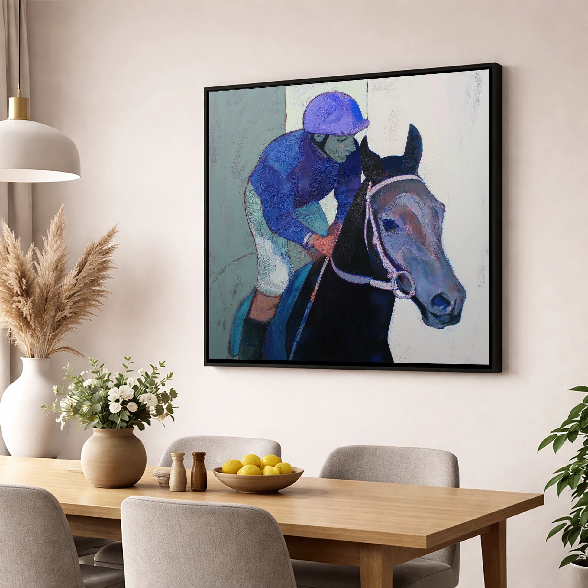 Moment of Focus racing horse wall art displayed in a dining room
