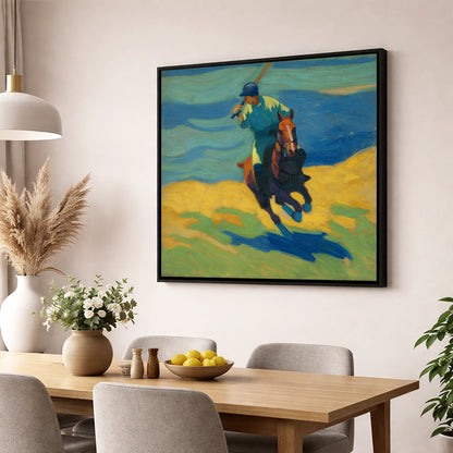 Vivid Polo Strike polo horse wall art displayed in a dining room