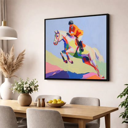 Technicolour Ascent show jumping horse wall art displayed in a dining room