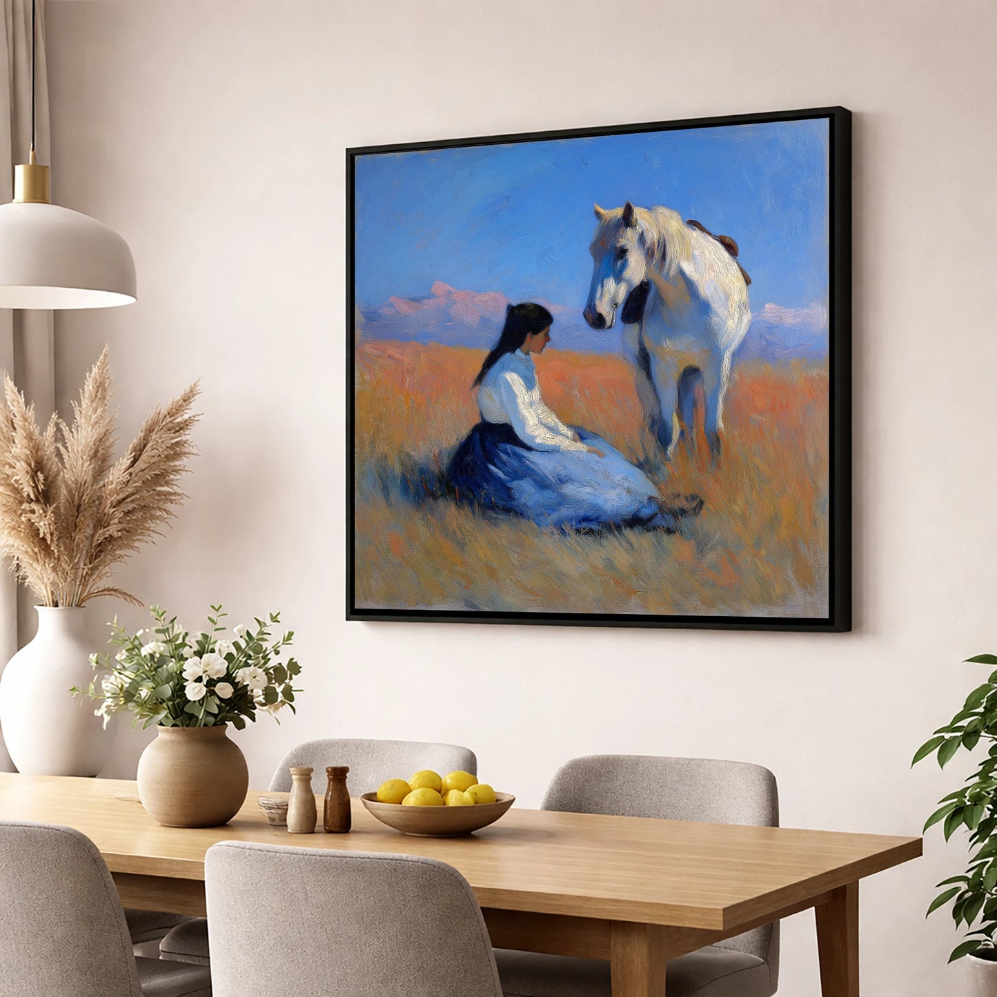 Golden Hour Companions horse & rider wall art displayed in a dining room