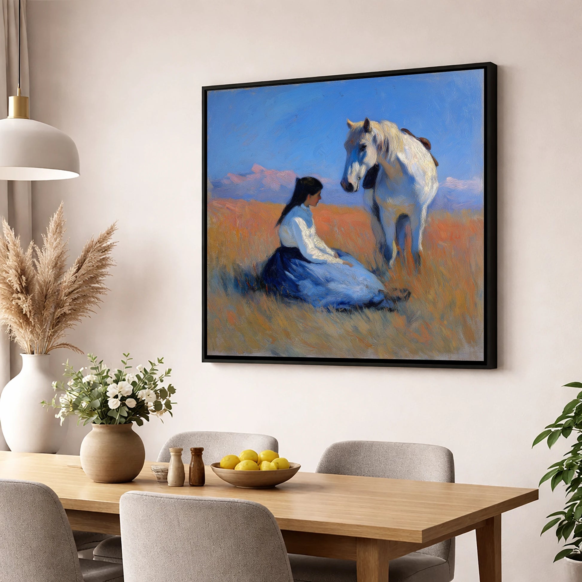 Golden Hour Companions horse & rider wall art displayed in a dining room