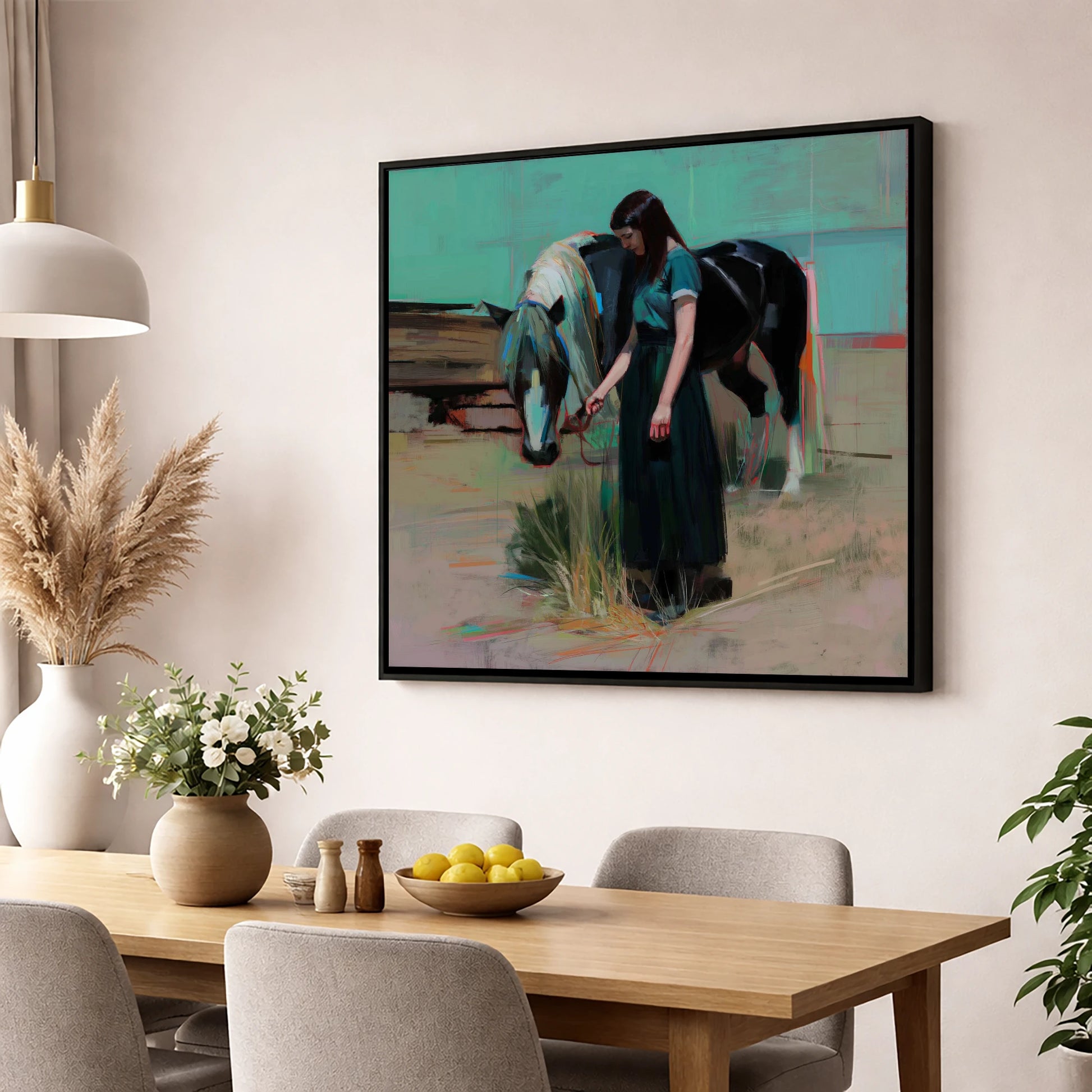 Stillness in Teal horse & rider wall art displayed in a dining room