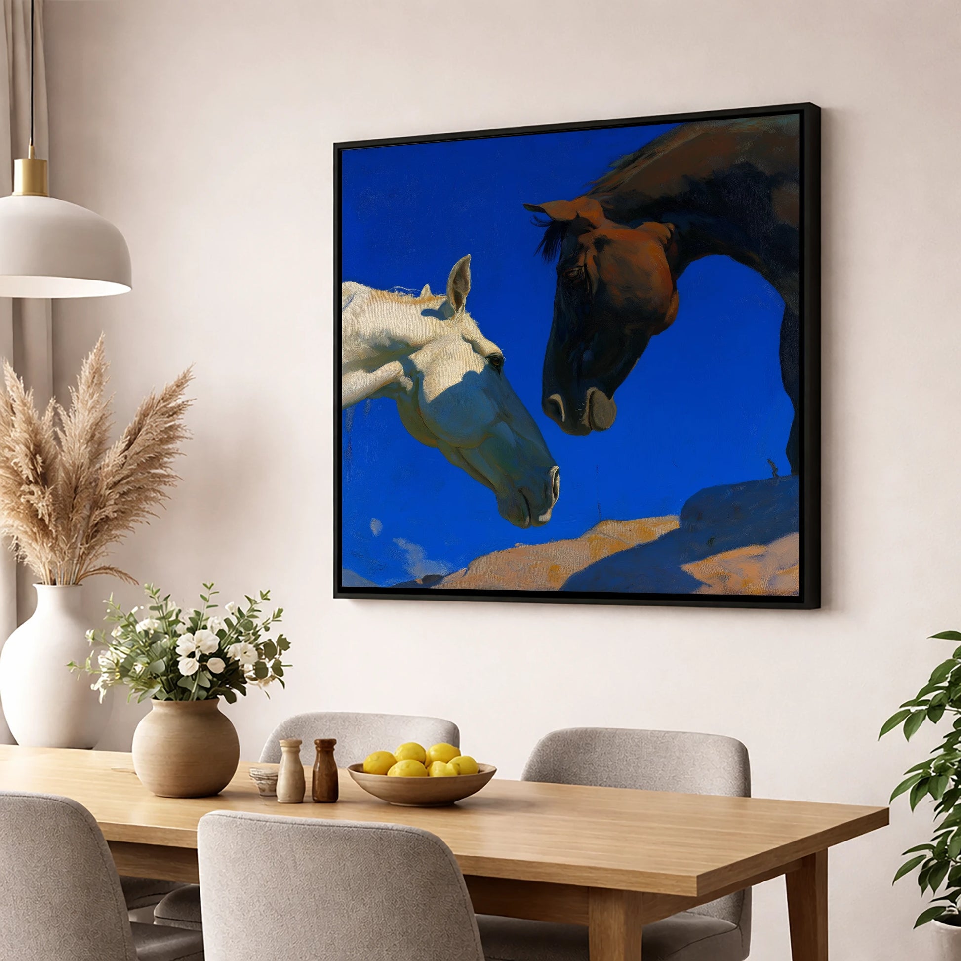 Cobalt Sky Companions horse portrait wall art displayed in a dining room