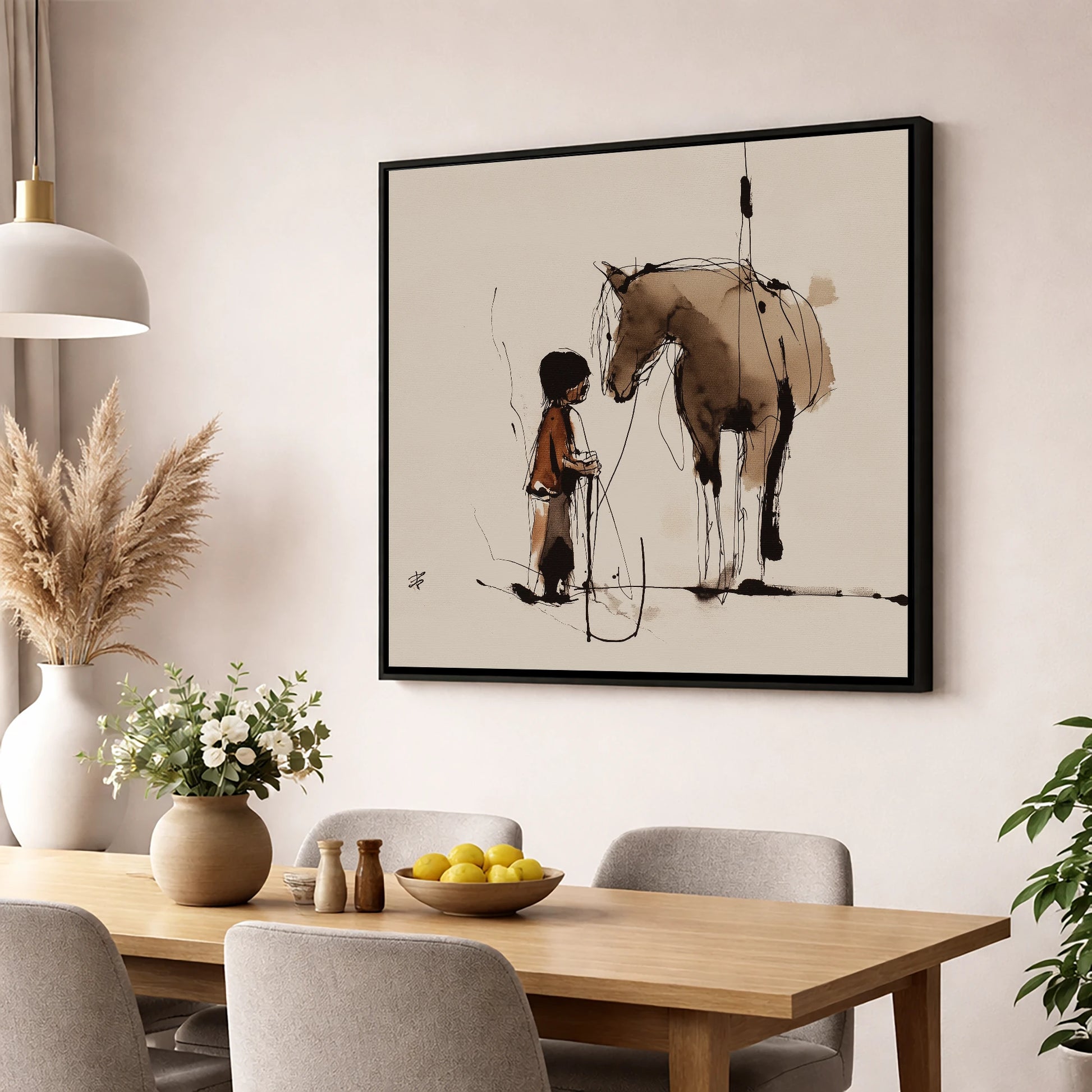 The Silent Bond horse & rider wall art displayed in a dining room