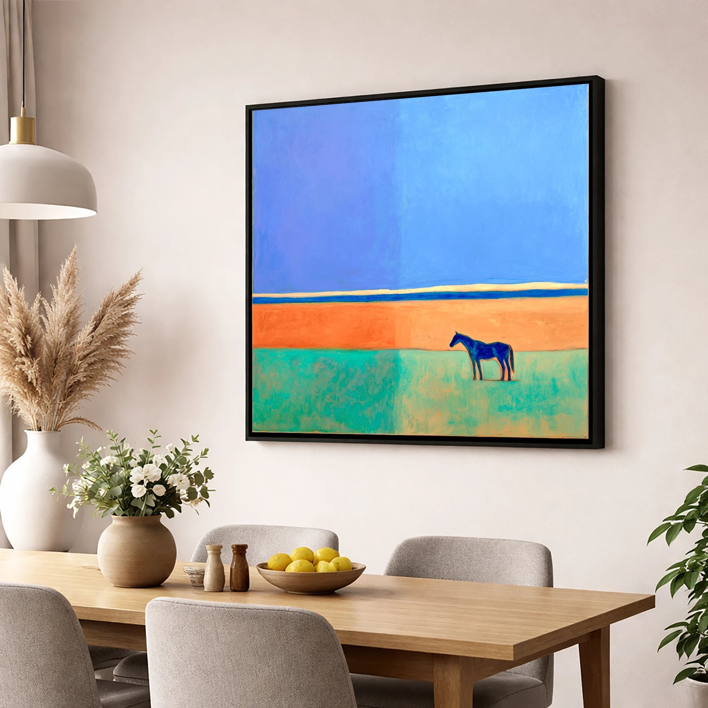 Cobalt Horizon horse landscape wall art displayed in a dining room