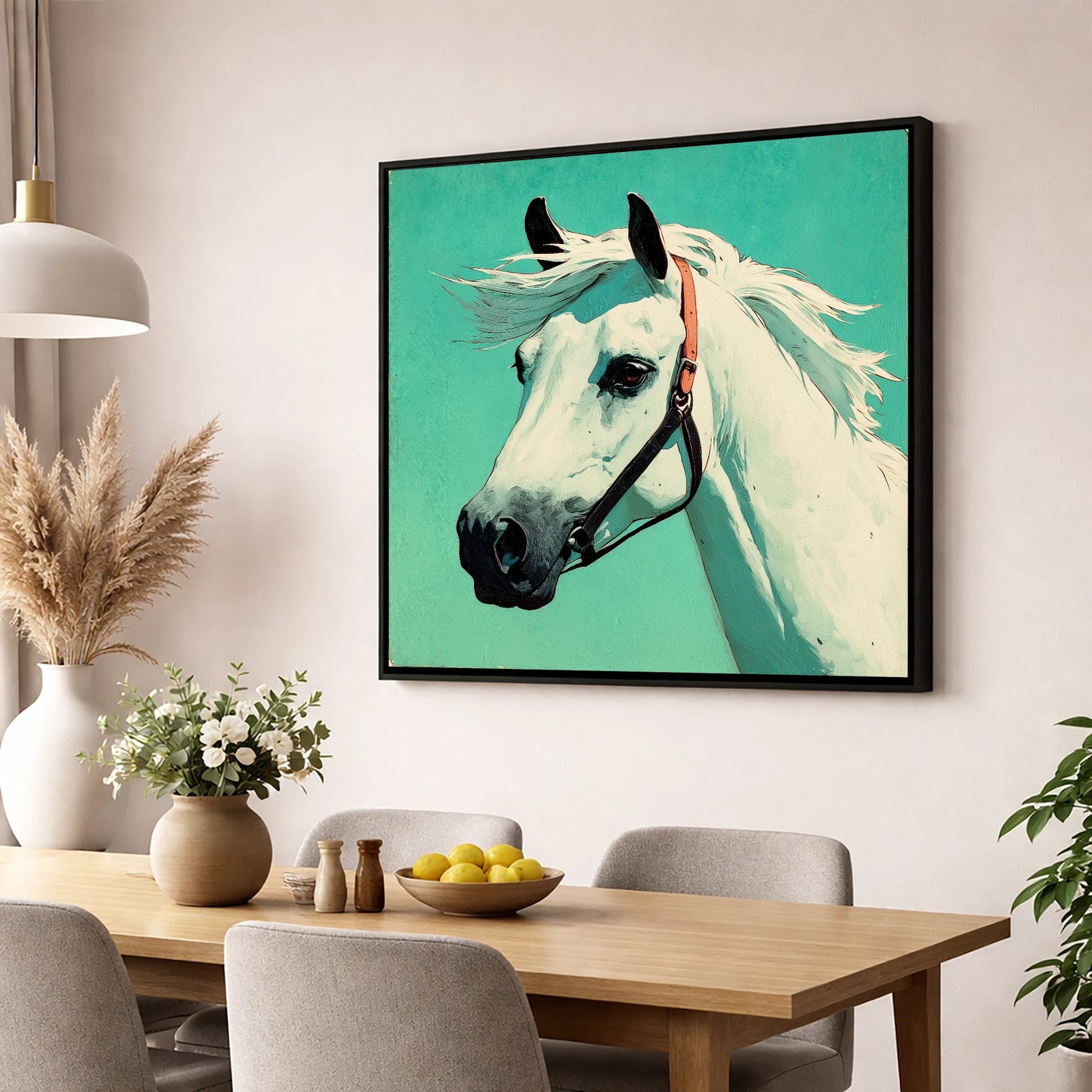 The Vivid Grey horse breed wall art displayed in a dining room