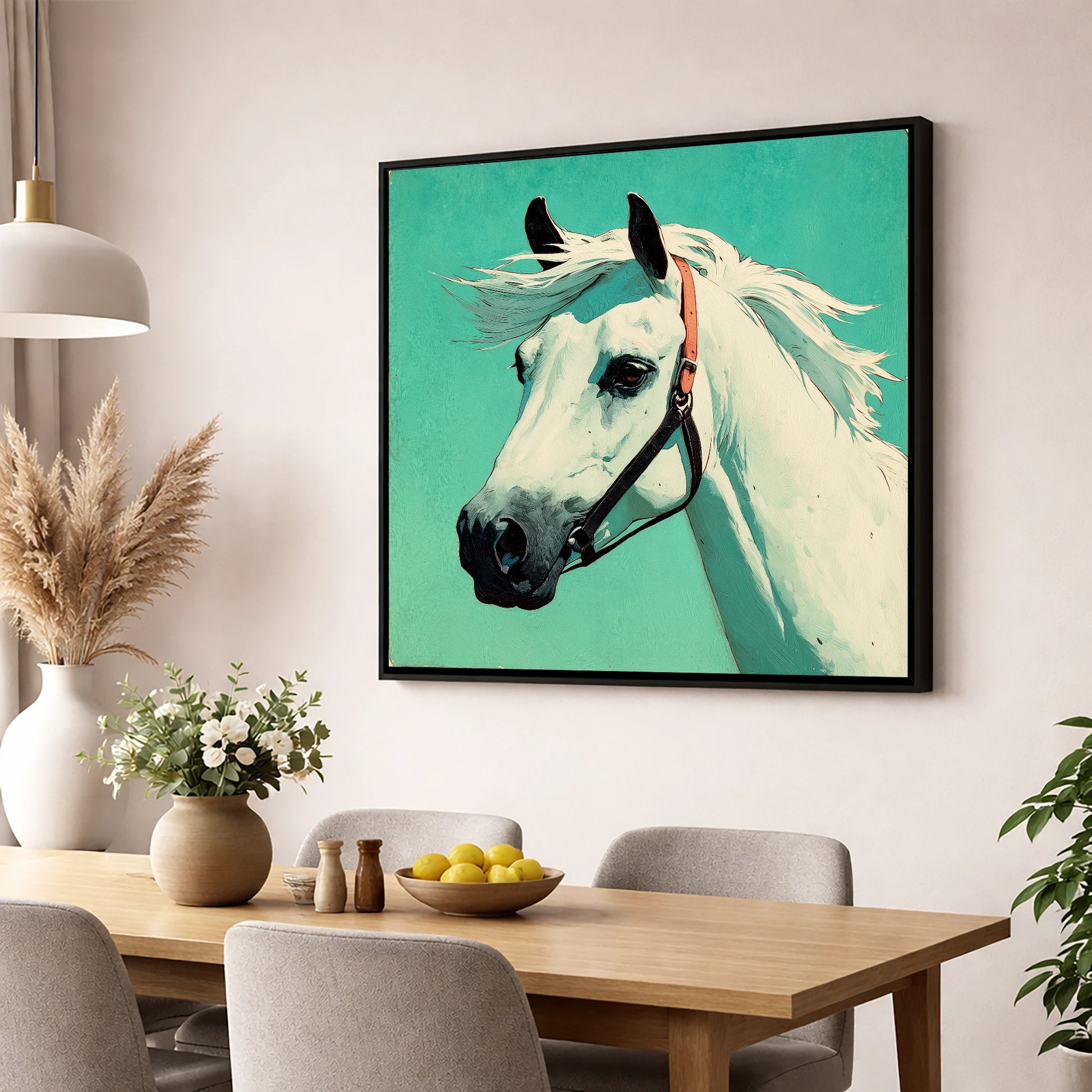The Vivid Grey horse breed wall art displayed in a dining room