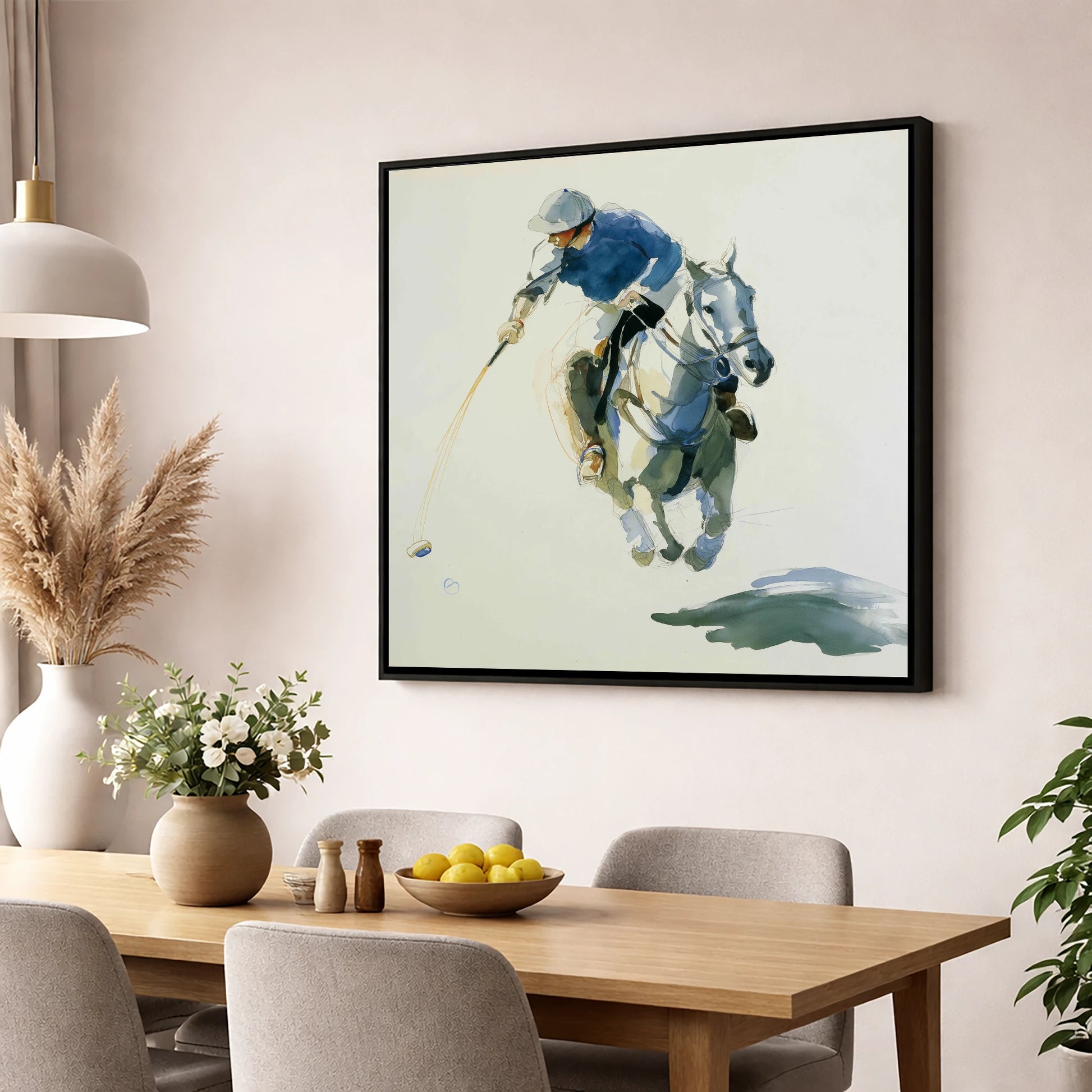 The Decisive Downward Swing polo horse wall art displayed in a dining room