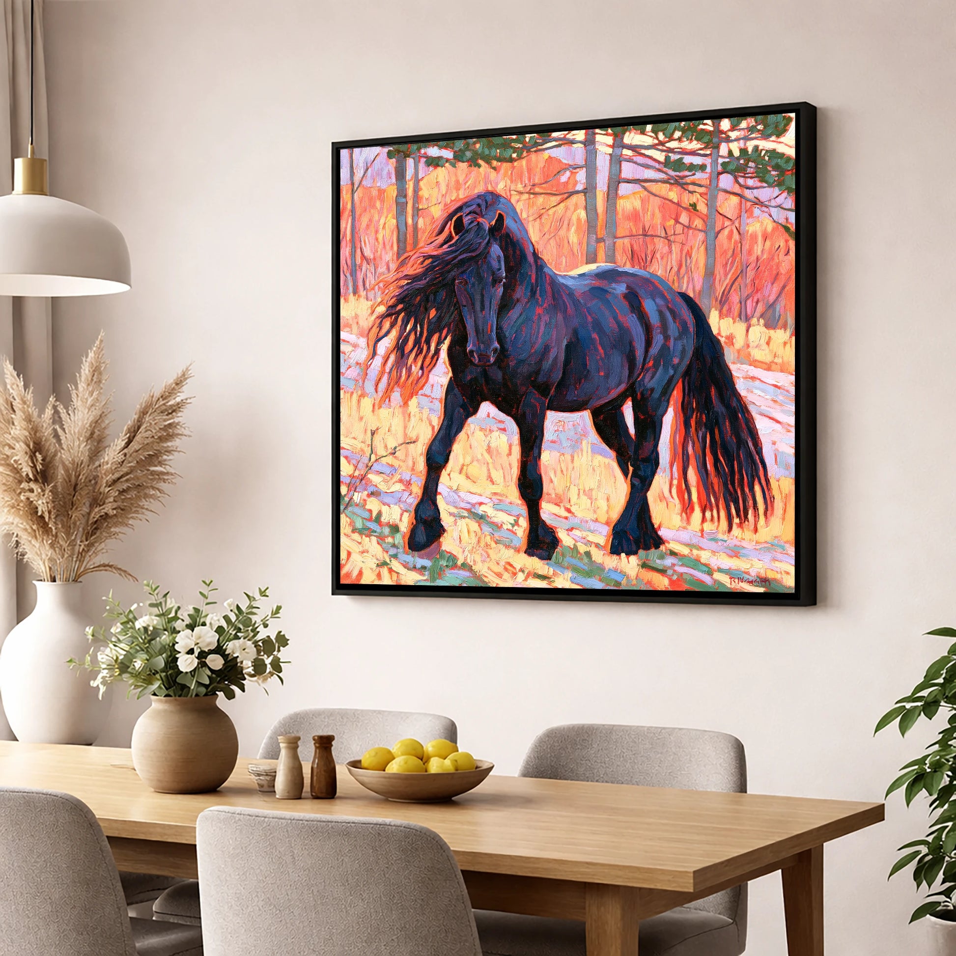 Vibrant Friesian in Sunset Woodland horse breed wall art displayed in a dining room