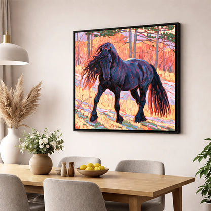 Vibrant Friesian in Sunset Woodland horse breed wall art displayed in a dining room