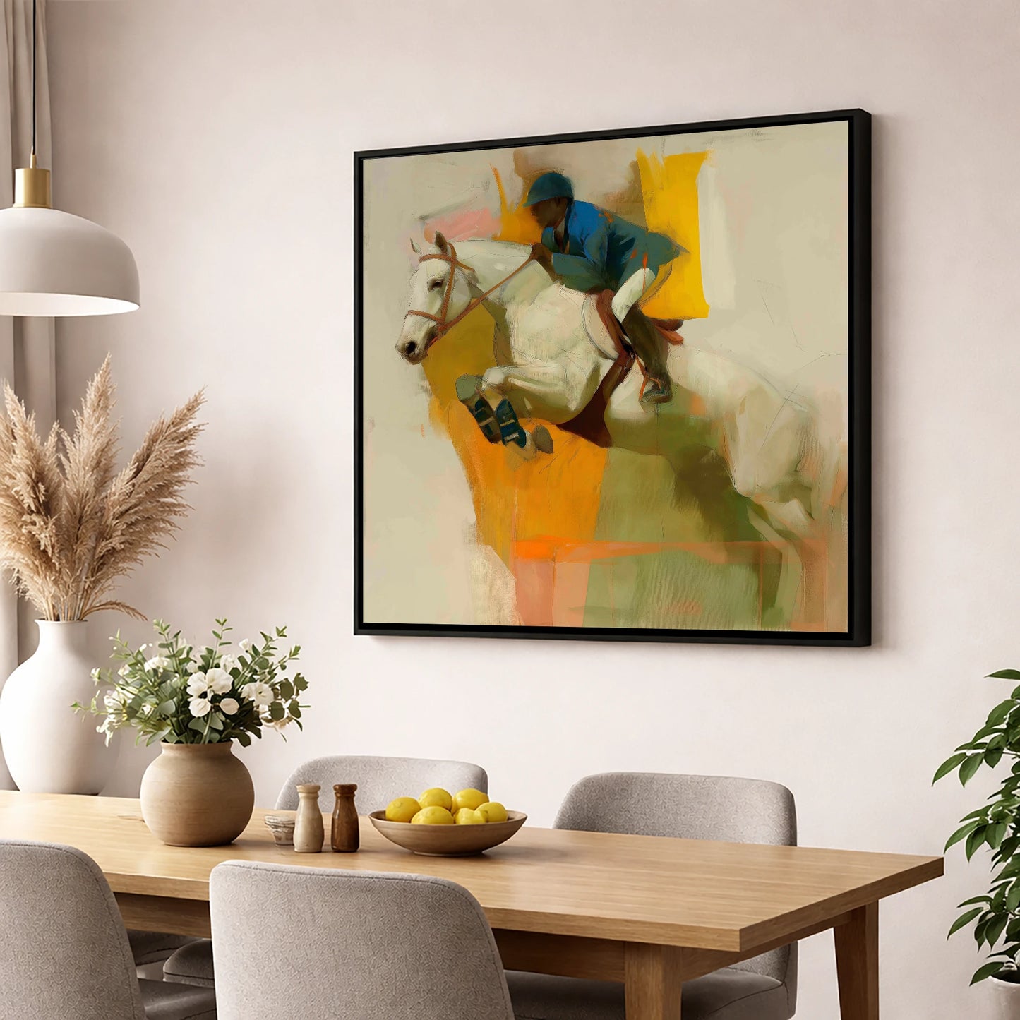 The Moment of Suspension show jumping horse wall art displayed in a dining room