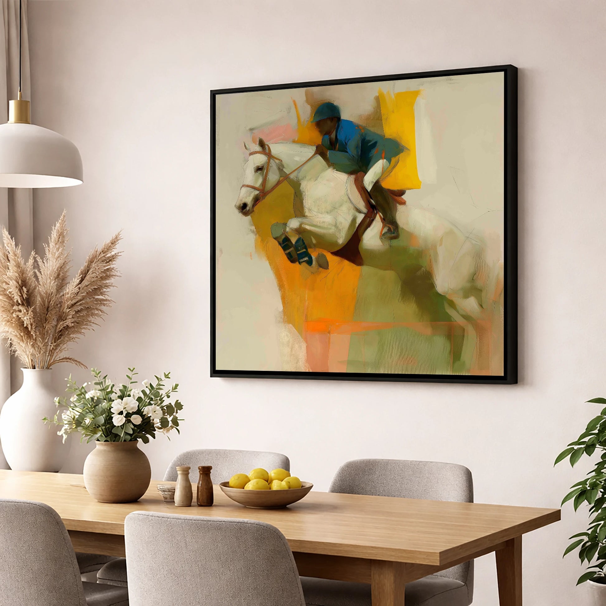 The Moment of Suspension show jumping horse wall art displayed in a dining room