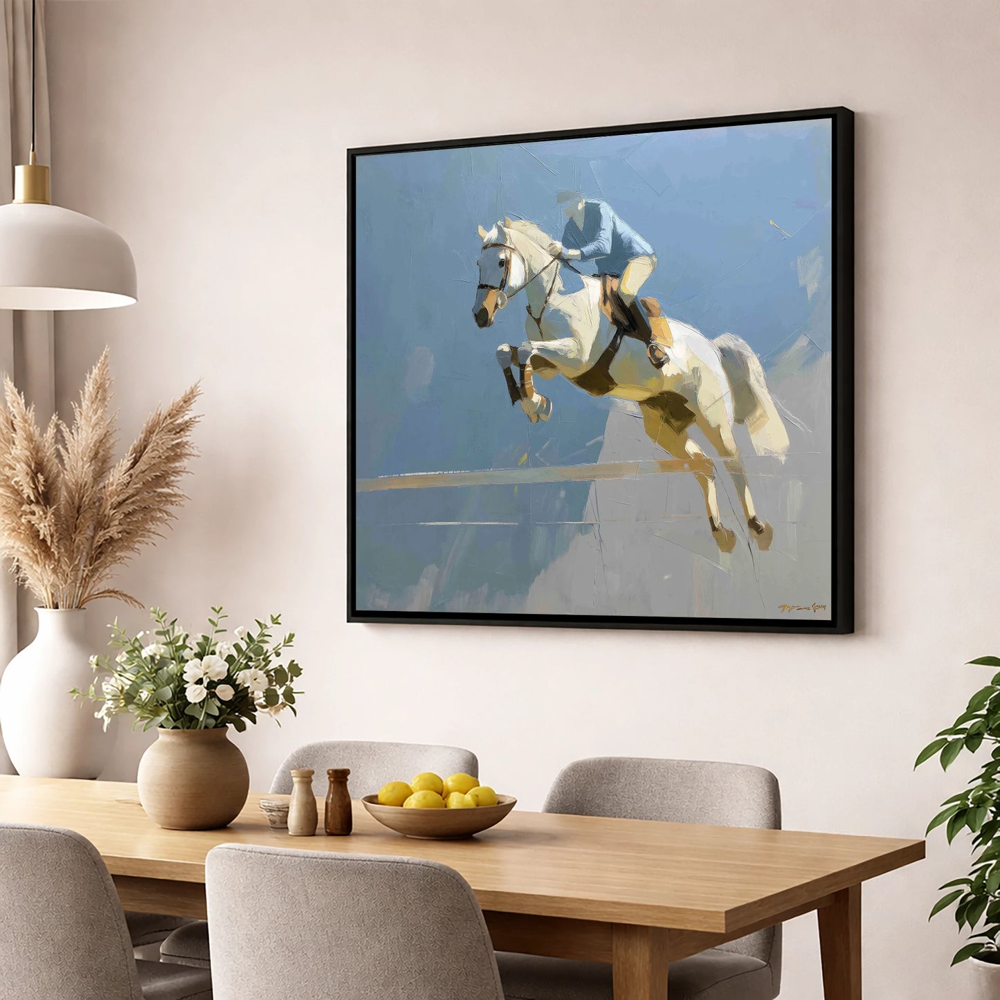 Flight Over Slate show jumping horse wall art displayed in a dining room