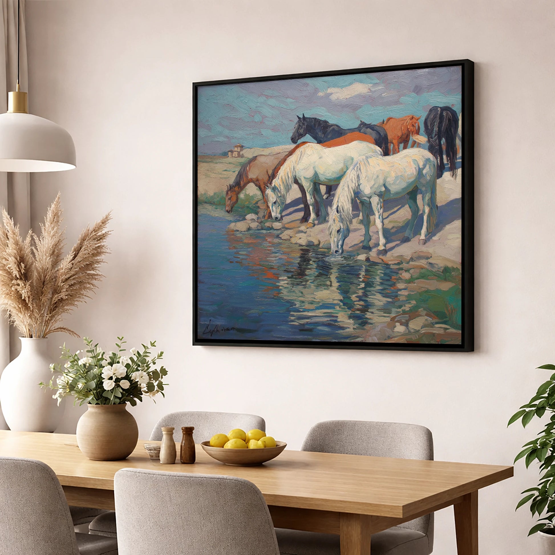 The Watering Hole wild horses wall art displayed in a dining room