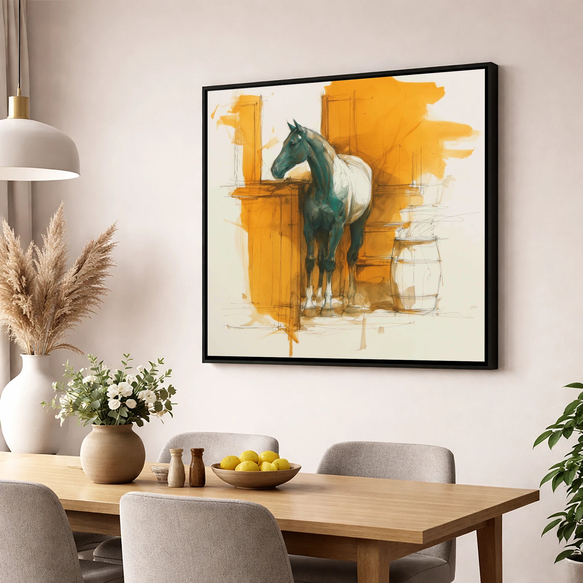 Amber Yard Silhouette horse stable wall art displayed in a dining room