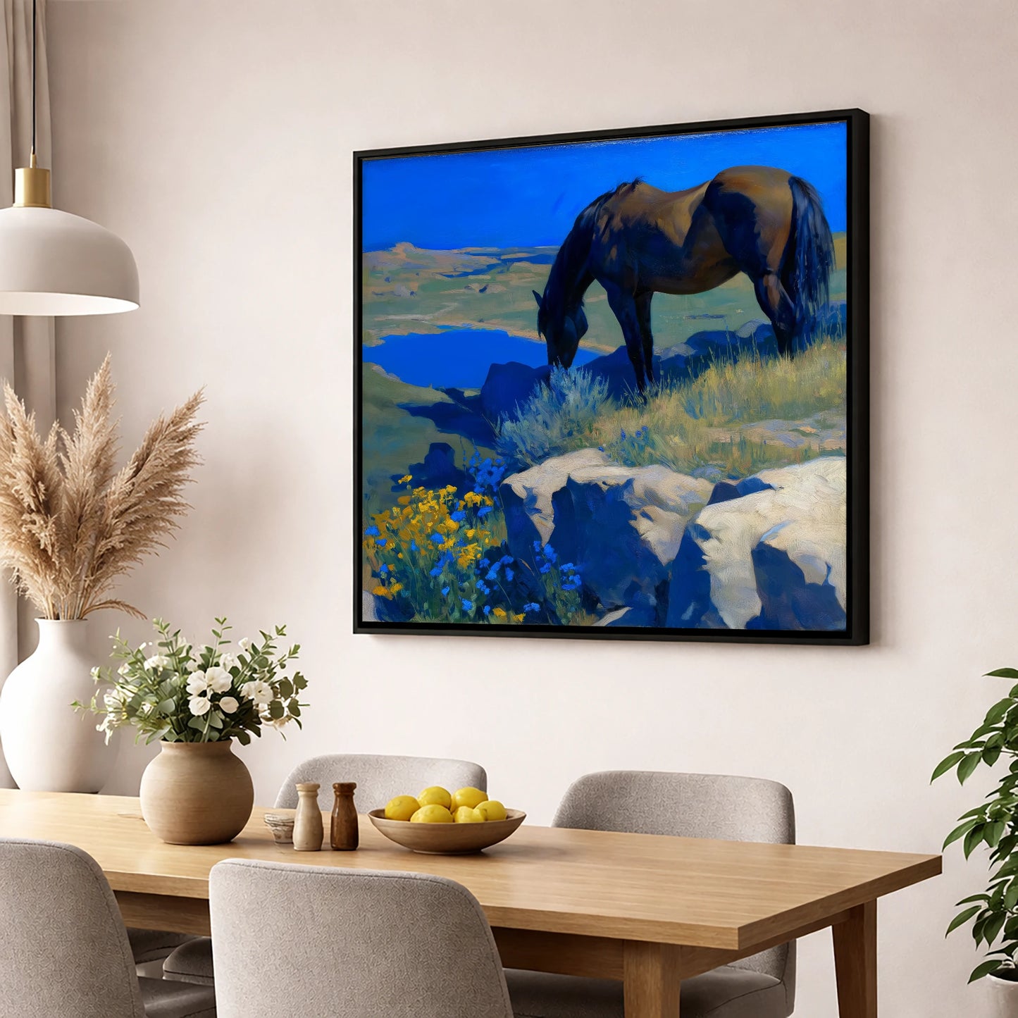 Cobalt Horizon Grazing horse landscape wall art displayed in a dining room