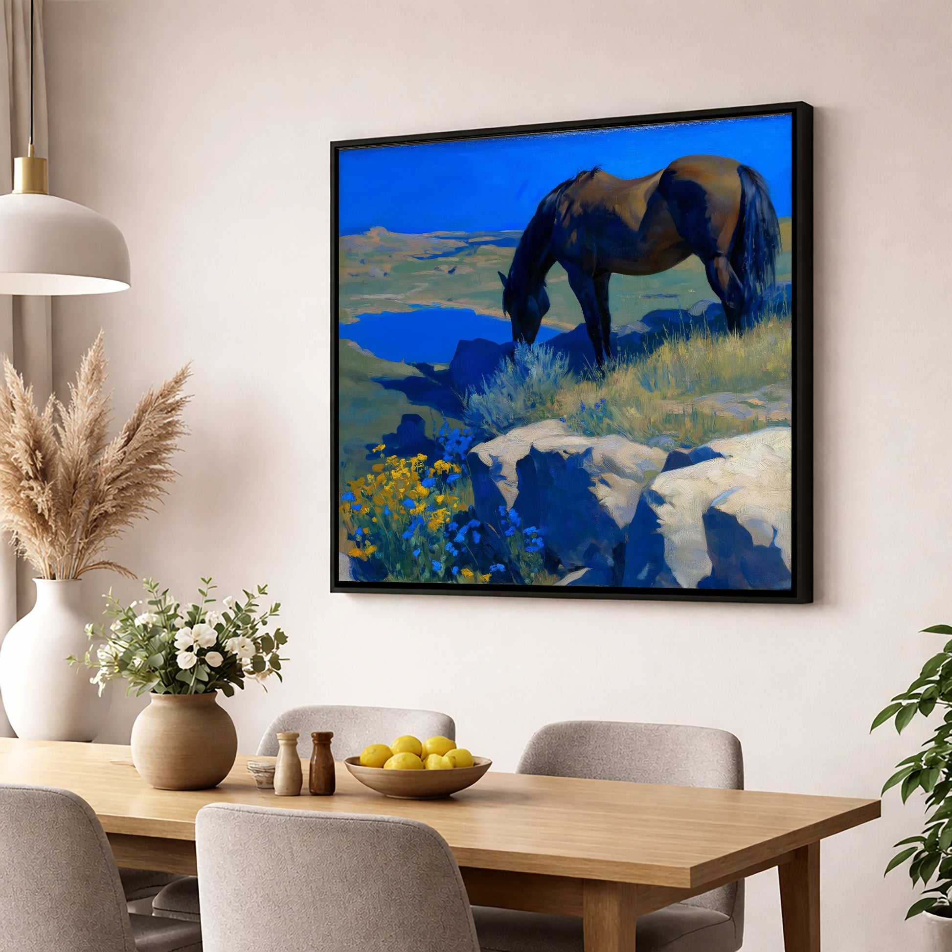 Cobalt Horizon Grazing horse landscape wall art displayed in a dining room