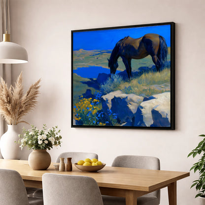 Cobalt Horizon Grazing horse landscape wall art displayed in a dining room