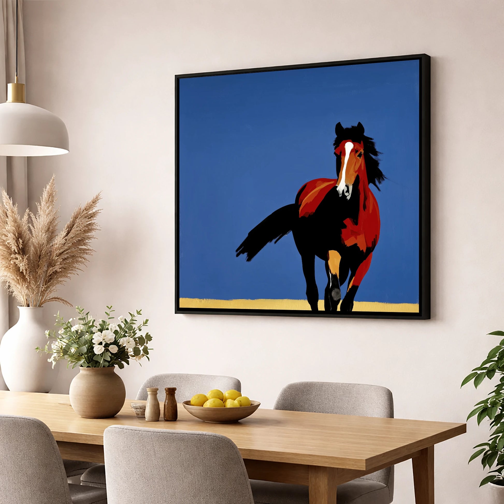 Striking Cobalt Bay horse portrait wall art displayed in a dining room