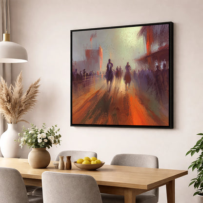 The Arena Haze show jumping horse wall art displayed in a dining room