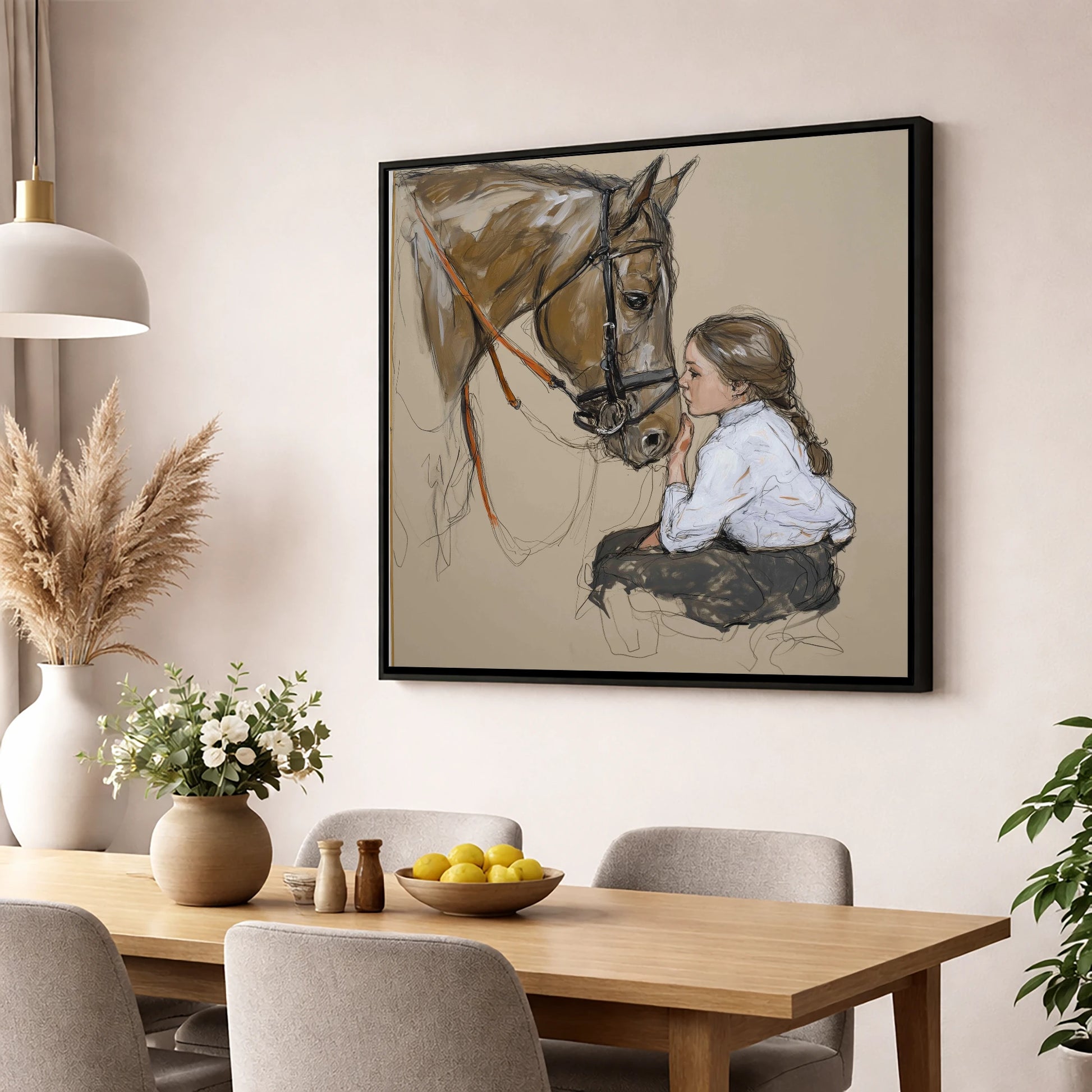 A Quiet Understanding horse & rider wall art displayed in a dining room