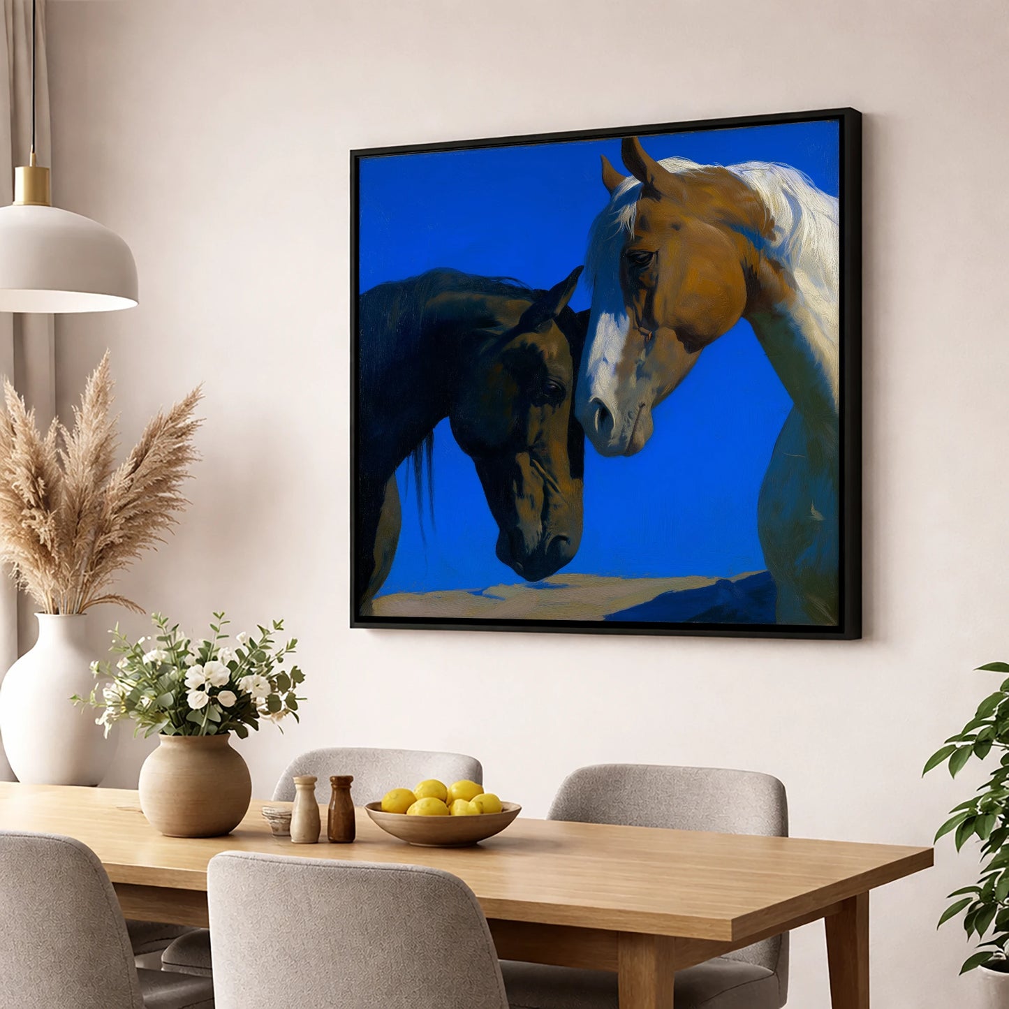 Sunlit Companions horse portrait wall art displayed in a dining room