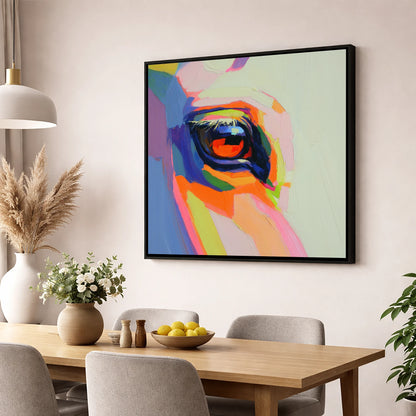 Vibrant Equine Gaze horse portrait wall art displayed in a dining room