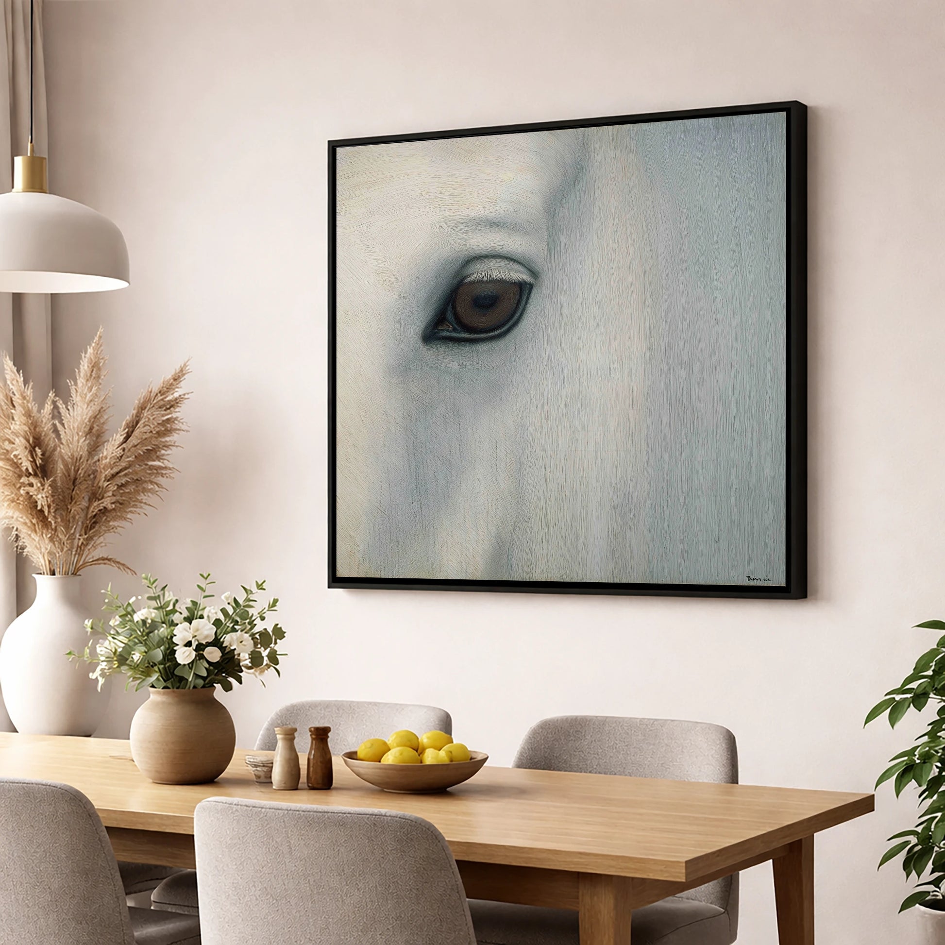 Quiet Gaze of the Grey horse portrait wall art displayed in a dining room