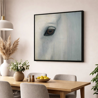 Quiet Gaze of the Grey horse portrait wall art displayed in a dining room