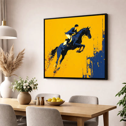 Airborne Over Gold show jumping horse wall art displayed in a dining room