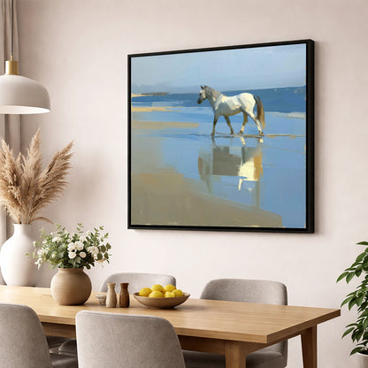 Shoreline Reflection horse landscape wall art displayed in a dining room