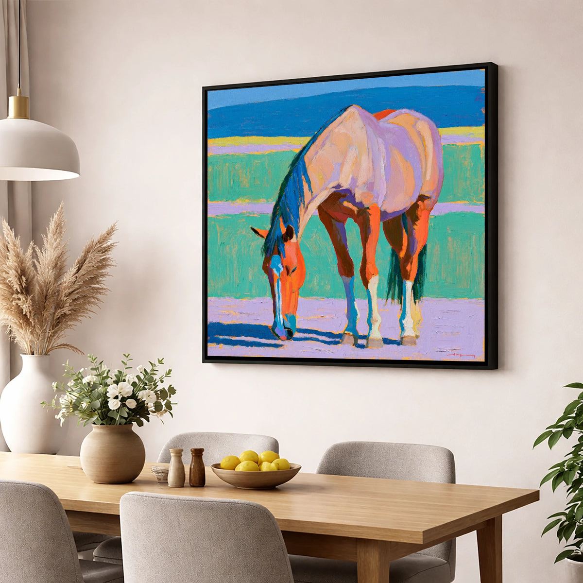 Colourful Grazing Horse horse breed wall art displayed in a dining room