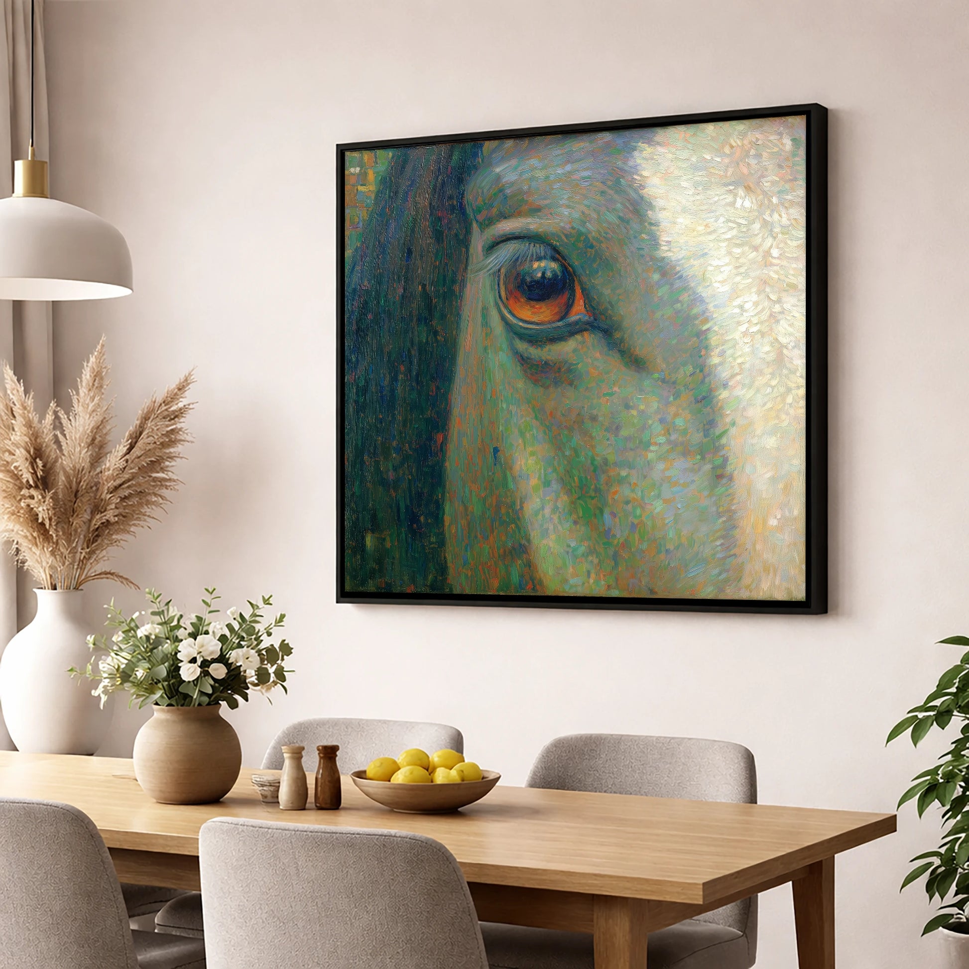 The Luminous Gaze horse portrait wall art displayed in a dining room