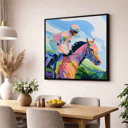 Technicolour Gallop racing horse wall art displayed in a dining room