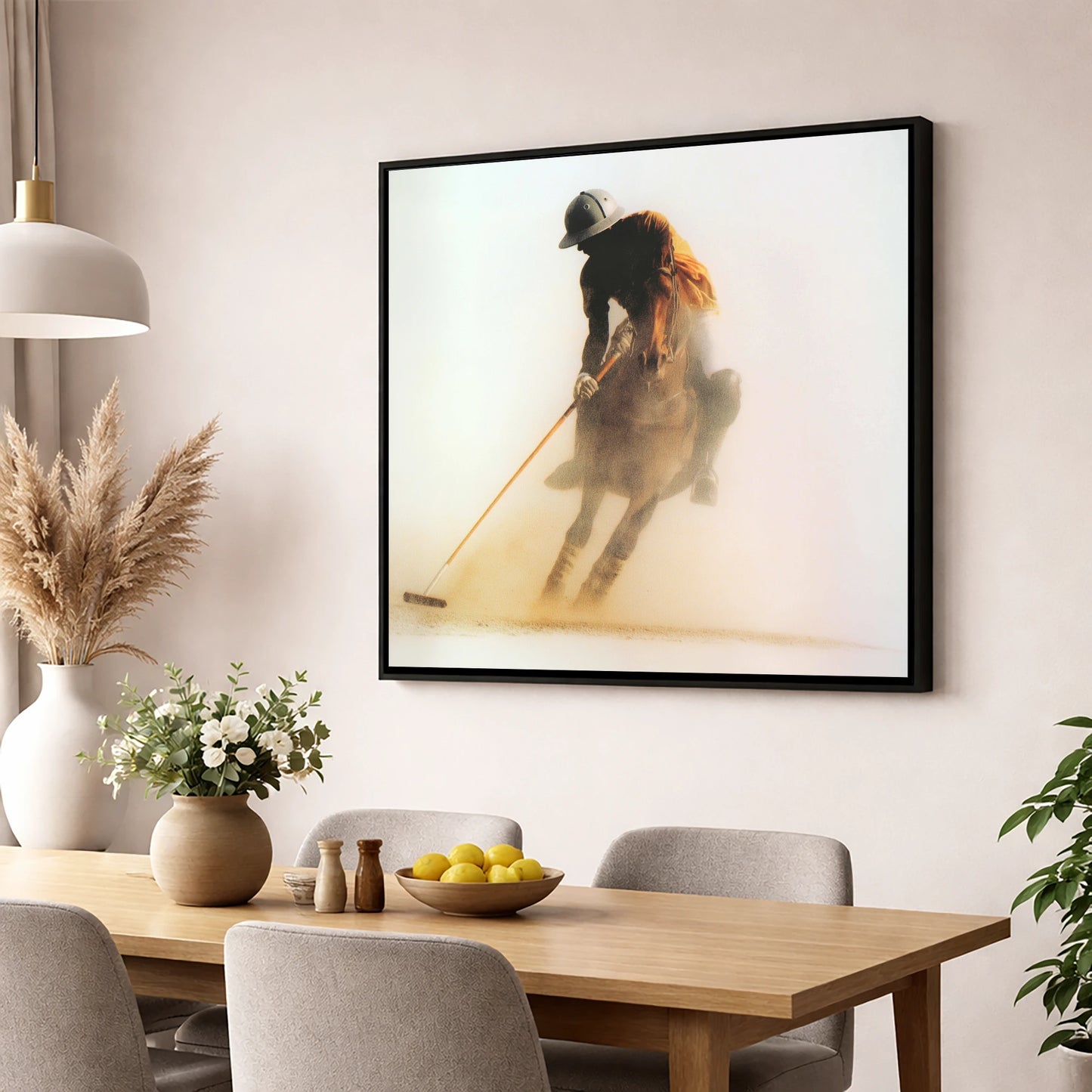 Out of the Dust polo horse wall art displayed in a dining room