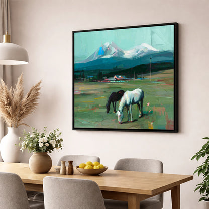Companions Beneath the Peak horse landscape wall art displayed in a dining room